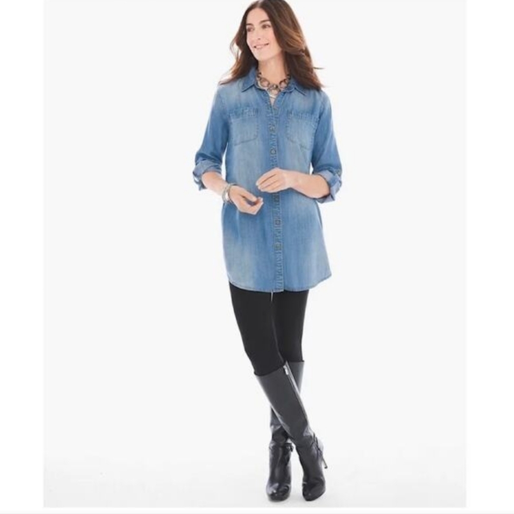 Chico's Denim Chambray Button Up Tunic Shirt Size 1 (US M)